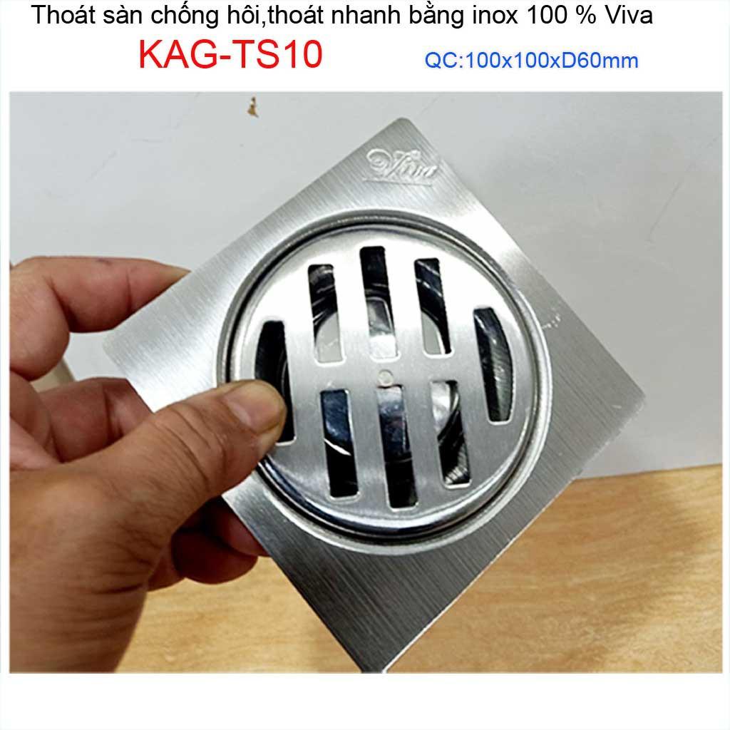 Hố ga thoát sàn viva ống 6cm Inox mờ, phễu thoát nước chống hôi vuông 10x10cm KAG-TS10 -D60