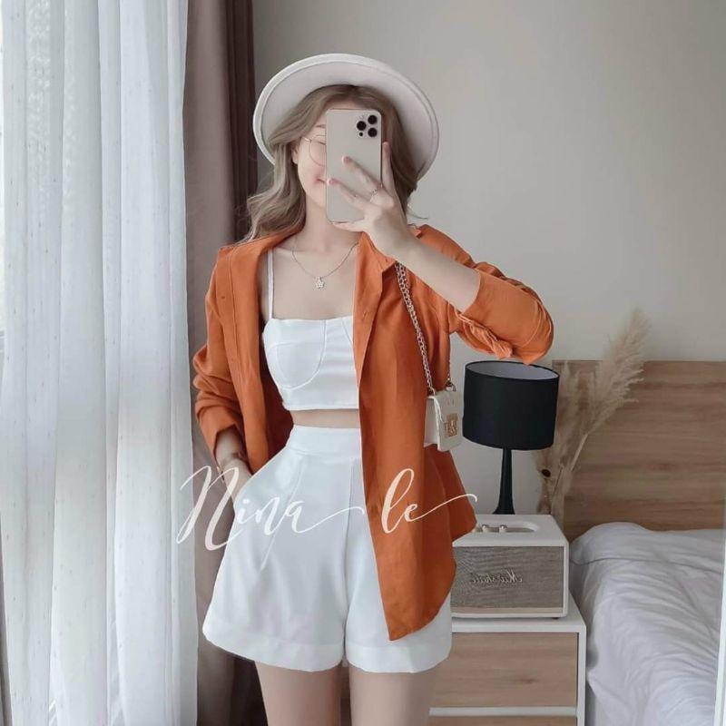 SET ÁO KHOÁC SƠ MI PHỐI ÁO BRA KÈM QUẦN NGẮN 4 MÀU