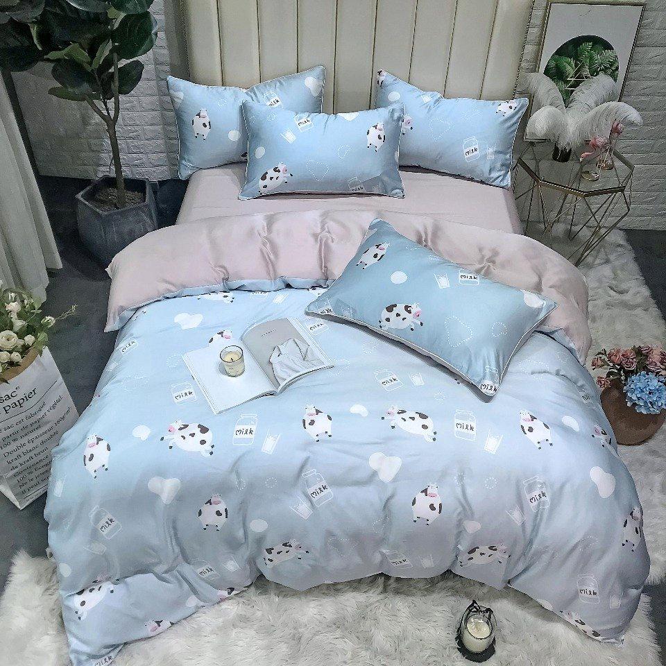 Bộ chăn ga gối mùa hè100% lụa tencel , siêu cao cấp, MỀM MỊN, MÁT DA - họa tiết Bò Sữa dễ thương
