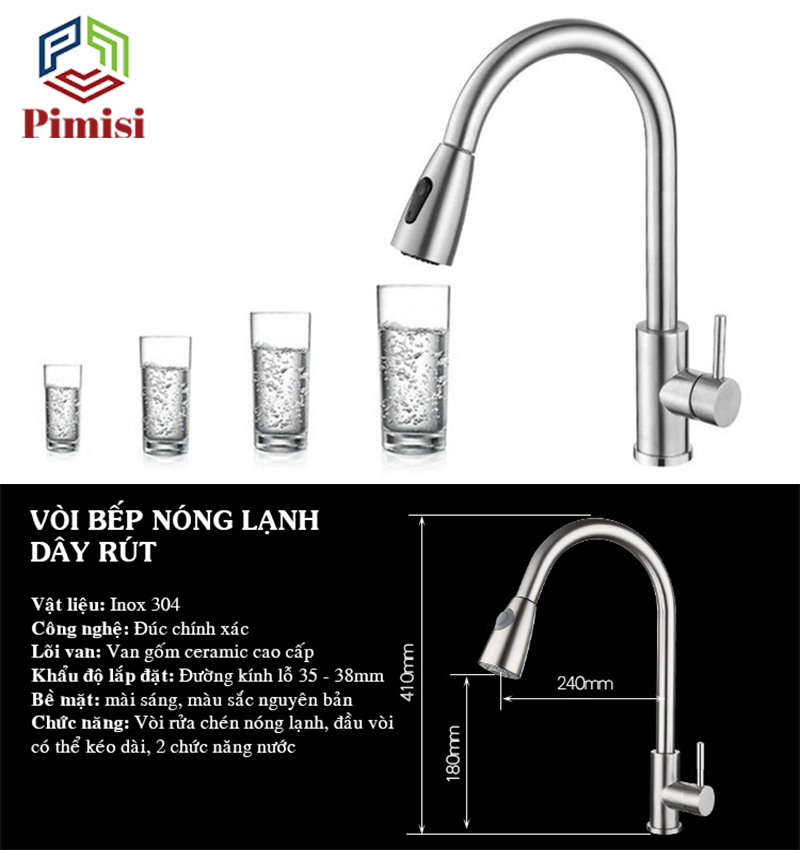 Vòi rửa bát nóng lạnh dây rút inox 304 Pimisi dùng cho chậu rửa chén bát trong nhà bếp gắn chậu với đầu vòi 2 chế độ nước tăng áp và dây rút mềm tiện lợi đa năng | Hàng chính hãng