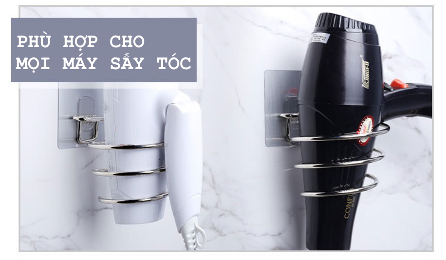 Dụng cụ treo máy sấy tóc bằng Inox, giá treo dạng chôn ốc có miếng gián gắn tường không cần khoan