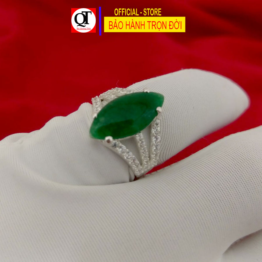 Nhẫn bạc nữ mặt ngọc xanh lá hình hạt thóc chất liệu bạc ta Bạc Quang Thản - QTNU.QH116