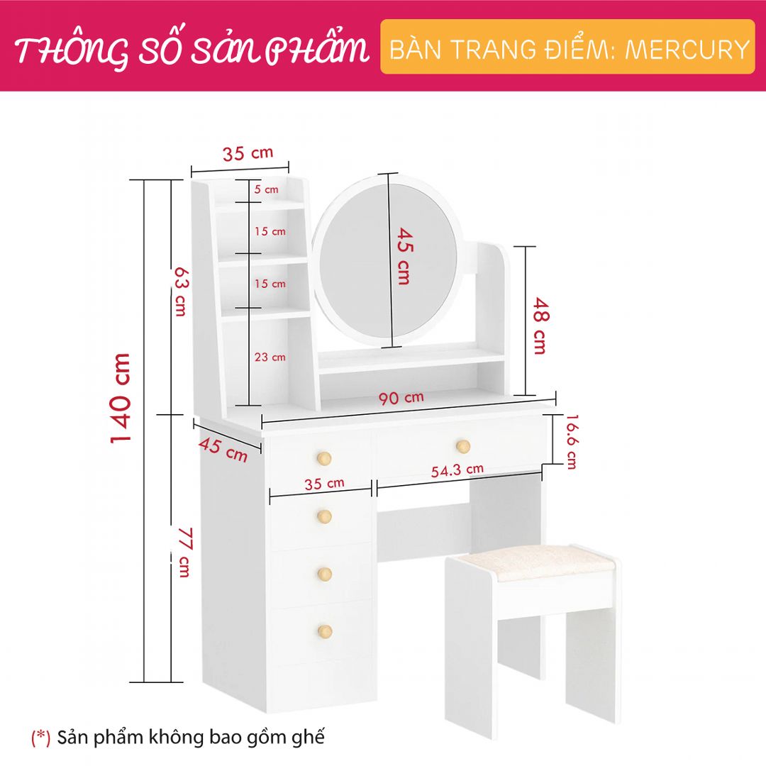 Bàn trang điểm gỗ hiện đại SMLIFE Mercury | Gỗ MDF dày 17mm chống ẩm | D90xR45xC140cm