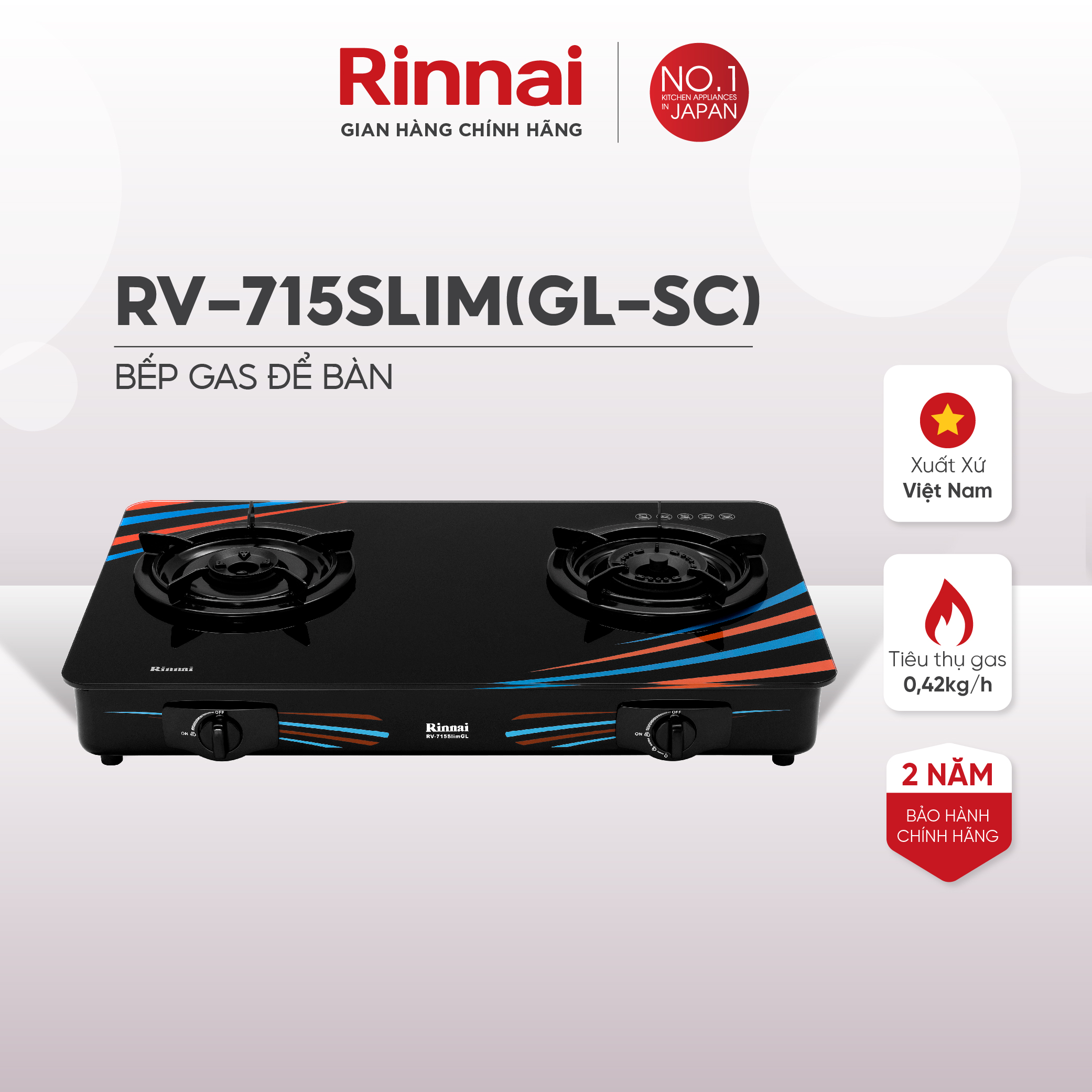 Bếp gas dương Rinnai RV-715Slim mặt bếp kính và kiềng bếp men - Hàng chính hãng.