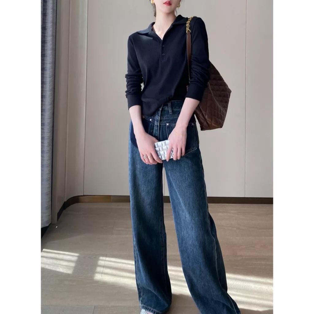 Quần Jeans Nữ Ống Rộng Túi Trước Mác Da Cạp Cao Dáng Suông