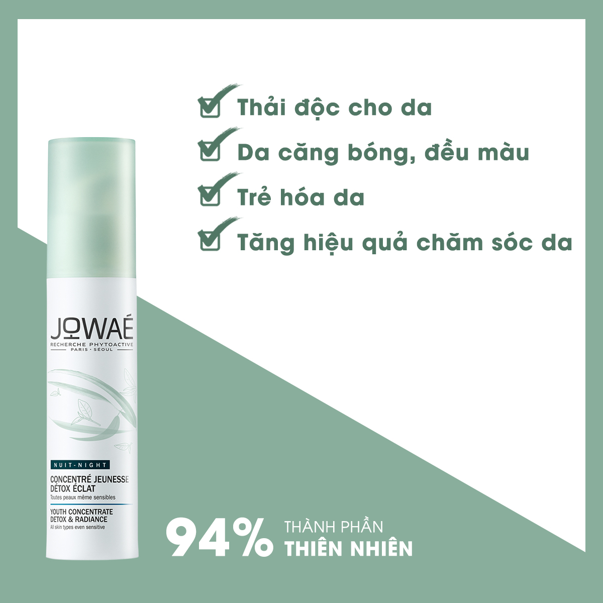 Tinh chất trẻ hóa thải độc JOWAE Detox thải độc cho da, da sáng bóng đều màu Mỹ phẩm thiên nhiên nhập khẩu chính hãng từ Pháp 30ml - YOUTH CONCENTRATE DETOX &amp; RADIENCE