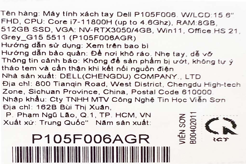 Laptop Dell G15 5511 i7 11800H/8GB/512GB/4GB RTX3050/15.6"F/120Hz/OfficeHS/Win11//Xám - Hàng chính hãng