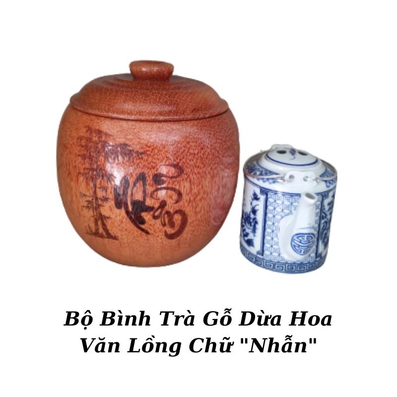 Bộ Bình Trà Bằng Gỗ Dừa Không Chân Gọn Đẹp Hoa Văn &quot;Chữ Nhẫn&quot; - Bình Trà 700 - 1200ml