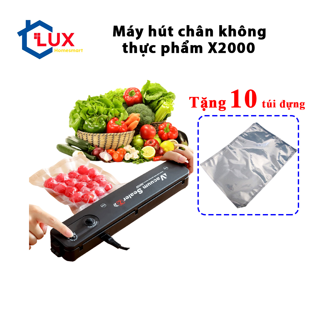 Máy Hút Chân Không Và Hàn Miệng Túi Vacuum Sealer X2000 Bảo Quản Thực Phẩm Đa Chức Năng Tặng Kèm 10 Túi