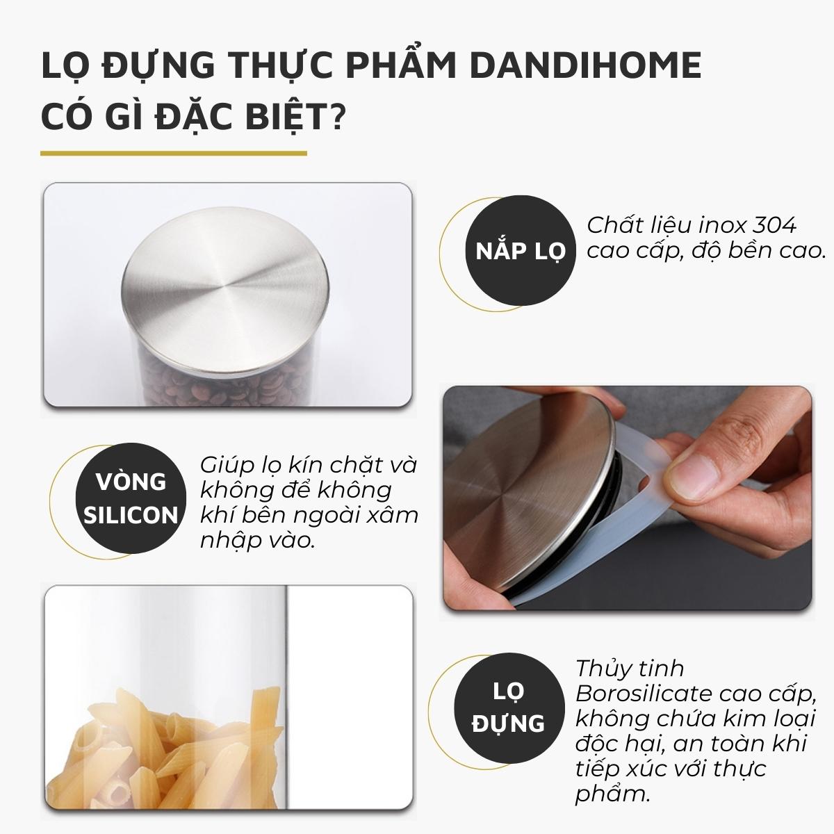 Lọ thủy tinh nắp inox 304 DandiHome đựng thực phẩm, đồ khô