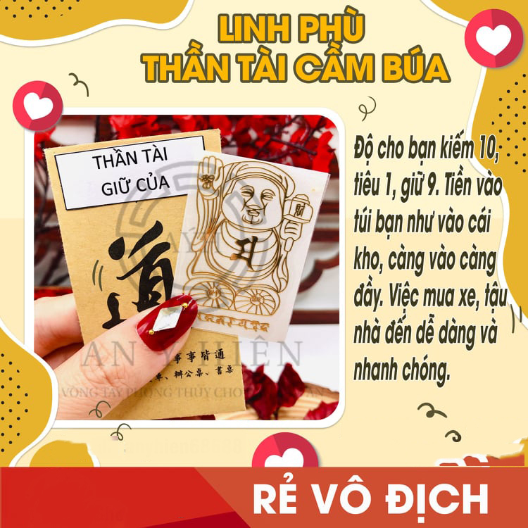 Linh phù THẦN TÀI CẦM BÚA.Độ cho bạn kiếm 10, tiêu 1, giữ 9. Để bóp ví, làm miếng dán điện thoại, máy tính, laptop, xe hơi