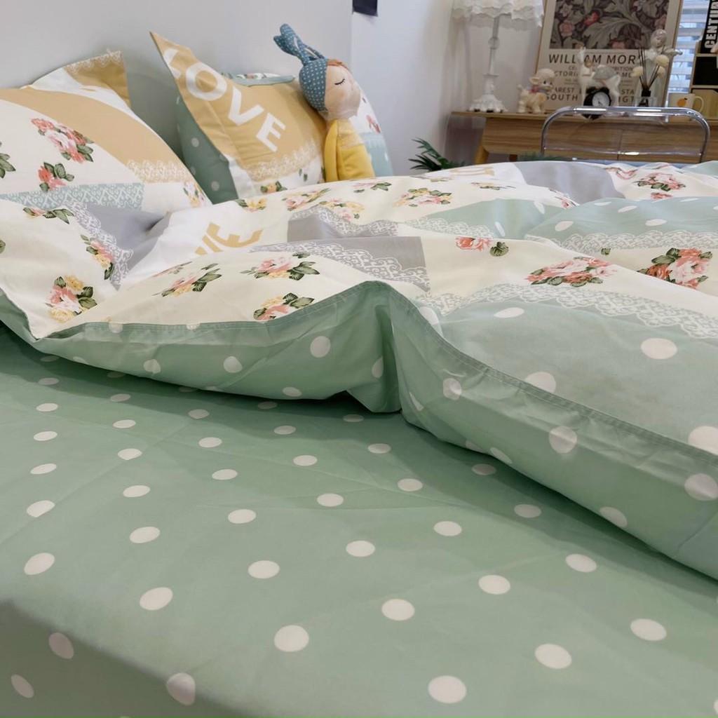 Bộ chăn ga gối Cotton Poly M2T bedding cánh hoa xanh, vỏ chăn mền, drap giường và 2 vỏ gối
