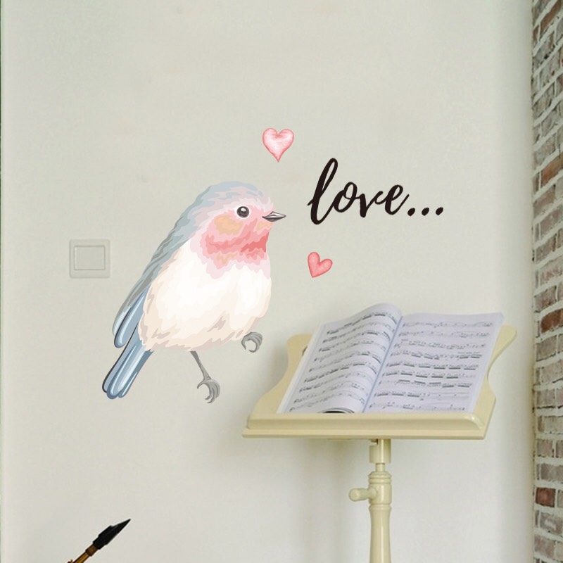 Decal trang trí tường - Chú chim hồng nhạt và chữ Love