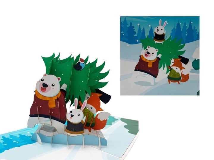 X33 -  THIỆP NOEL 3D GẤU – THỎ – CÁO KÉO CÂY THÔNG SIÊU DỄ THƯƠNG ️