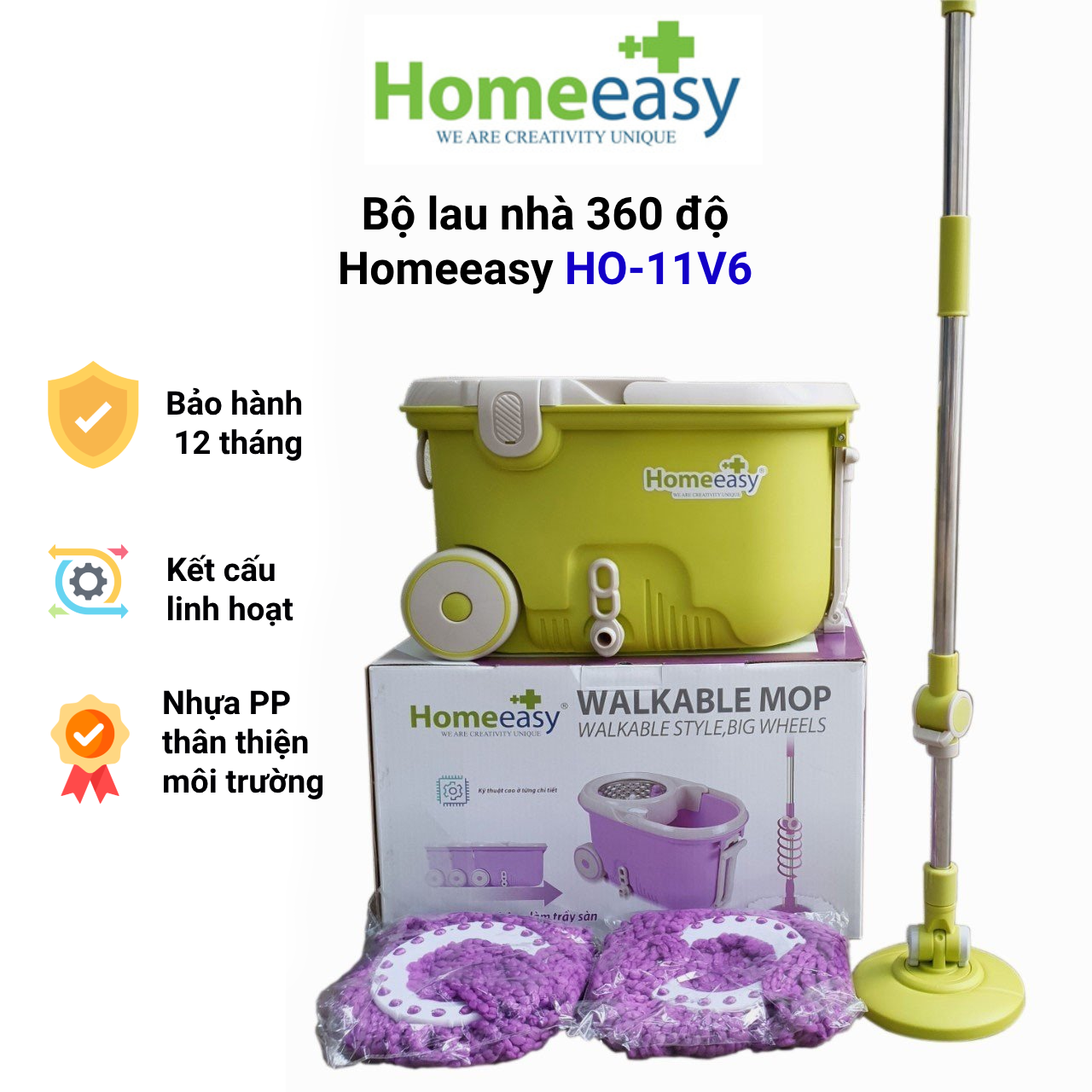 Bộ lau nhà đa năng 360 độ lồng inox Homeeasy Walkble Mop HO-11V6 - Bảo hành 12 tháng - Giao màu ngẫu nhiên - Có quà tặng