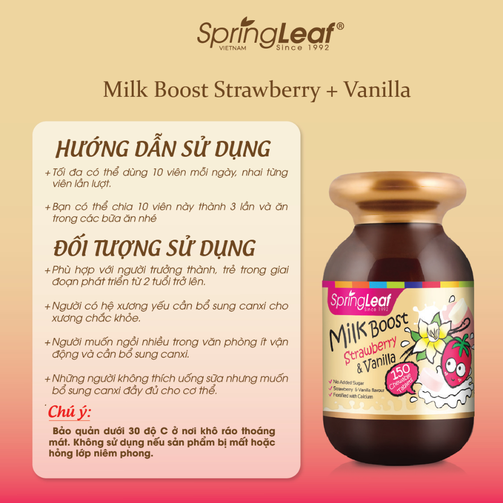 Viên nhai kẹo sữa canxi vị dâu & vani giúp xương chắc khỏe cho bé SpringLeaf Milk Boost 150 viên