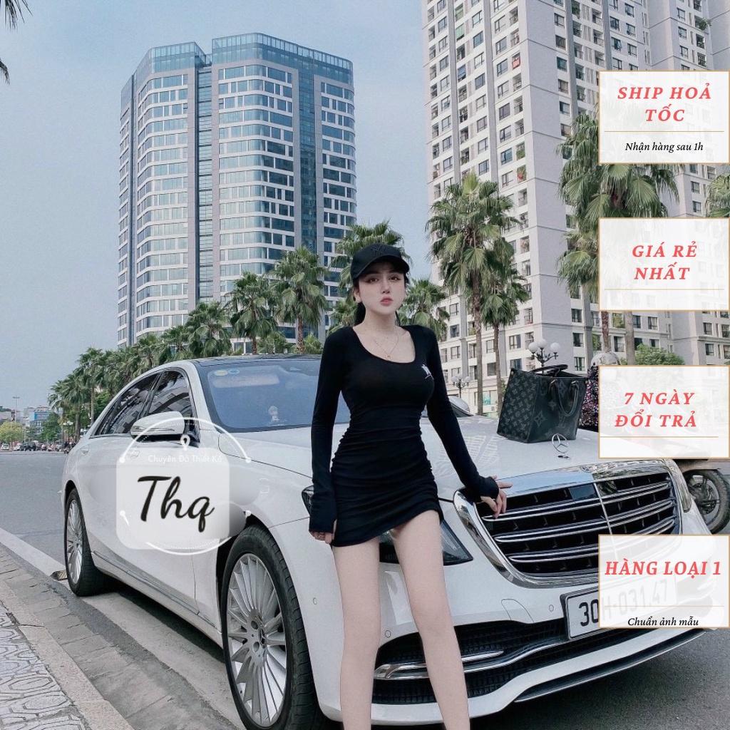 Váy body cổ U thêu ôm sát tôn dáng sexy dài tay