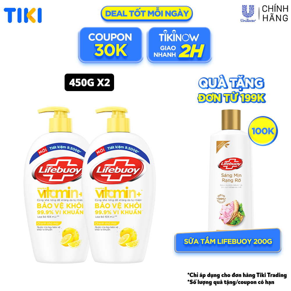 Combo 2 Nước Rửa Tay Lifebuoy Cho Tay Làm Bếp Giúp Khử Mùi Khó Chịu Và Bảo Vệ Khỏi 99.9% Vi Khuẩn Trên Tay Chai 450g