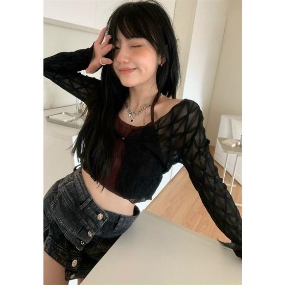 Sét áo kiểu croptop hình trám mix áo 2 dây nâu Quảng Châu