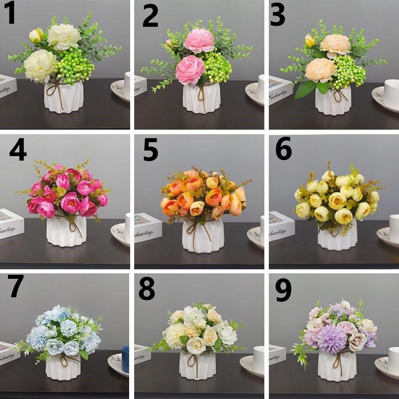 Hoa lụa, Chậu hoa sứ mini cắm sẵn trang trí kệ tủ, để bàn trà nhiều mẫu flower-01