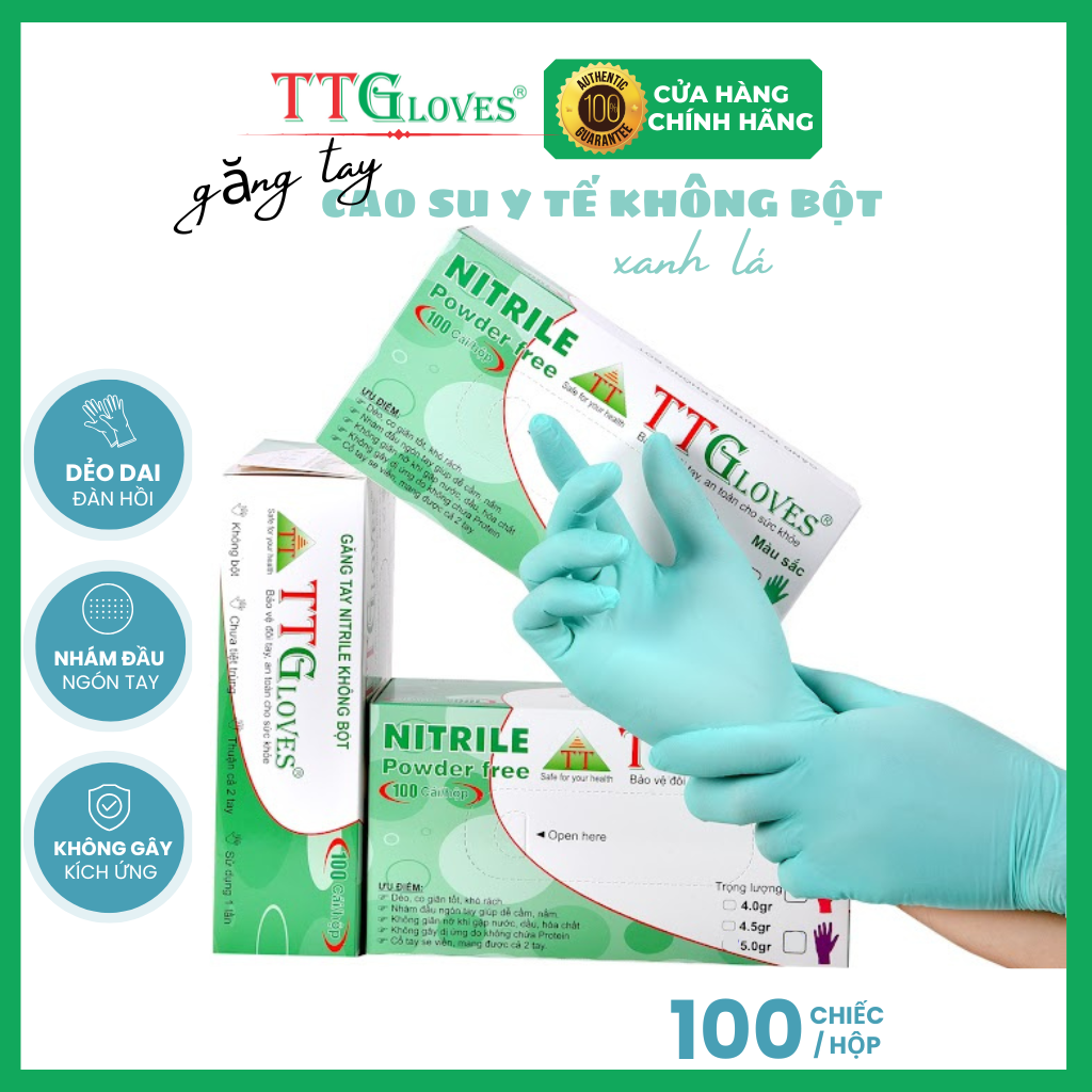 Găng Tay Y Tế Size M Màu Xanh Lá (100 Chiếc)_Không Bột Nitrile TTGLOVES