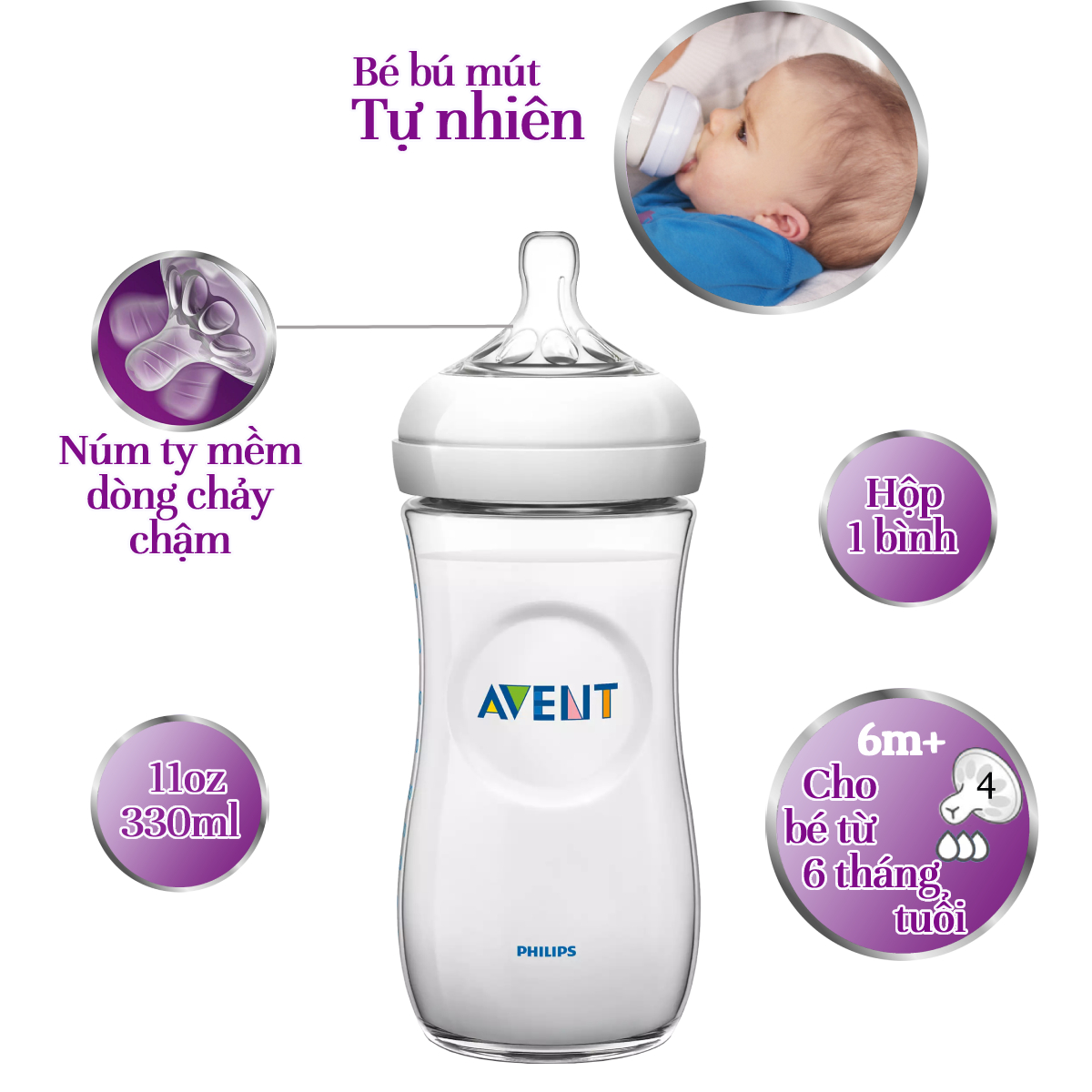 Bình sữa Philips Avent bằng nhựa PP 330ml cho trẻ từ 6 tháng tuổi SCF696/13