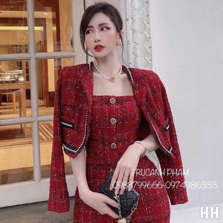 Set Dạ Tweed Ô Kim Tuyến, Set Váy Dạ 2 Dây Và Áo Choàng, Vải Chất Lượng Cao Cấp Y Hình - December Fashion