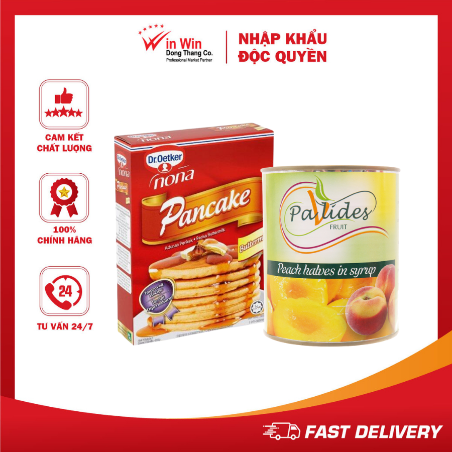 COMBO 1 Hộp Bột Làm Bánh Rán (Pancake) Buttermilk Pha Sẵn Dr. Oetker 400g + 1 Lon Đào Ngâm Đường Pavlides 820g