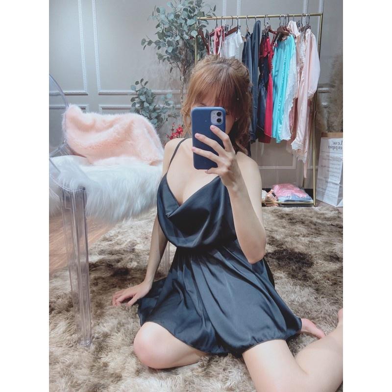 Váy ngủ nữ, váy 2 dây cổ đổ hở lưng chất lụa satin, có kèm quần ngắn bên trong, phom váy đẹp, gợi cảm cho phái nữ