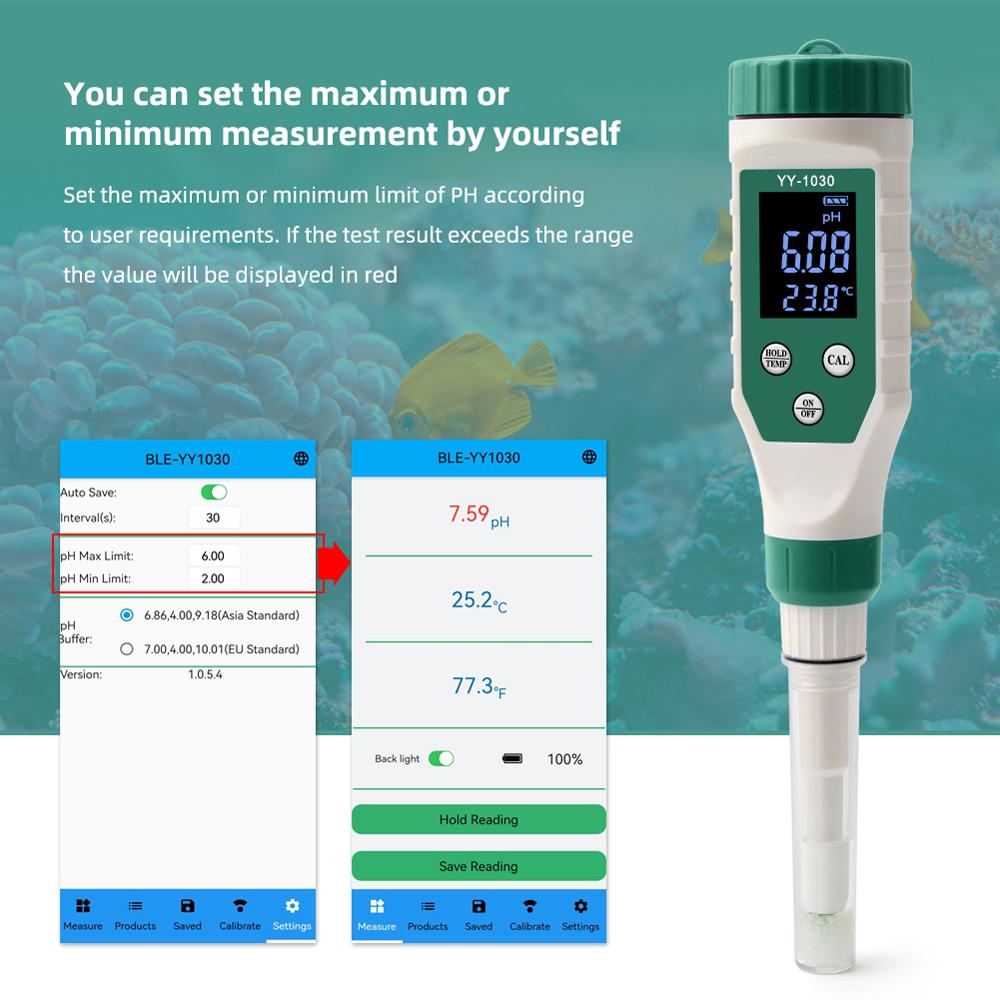 Digital Food 0.00-14.00 PH Meter High Accuracy Sensors Intelligent Temp Acidity Tester BT Mobilephone APP Control for Brewing Fruit Cheese Meat Canning