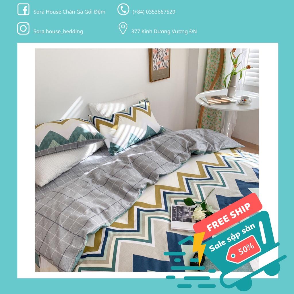 Bộ Chăn Ga Gối Cotton Living Ziczac Xanh Dương