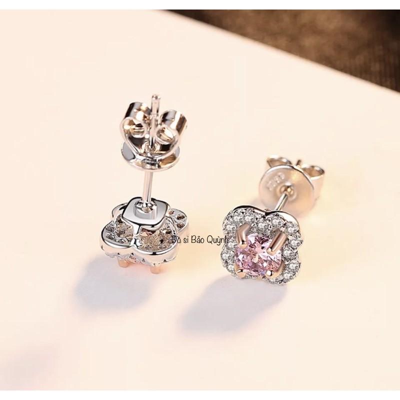 Bông tai đính fianit màu hồng, bạc ý 925