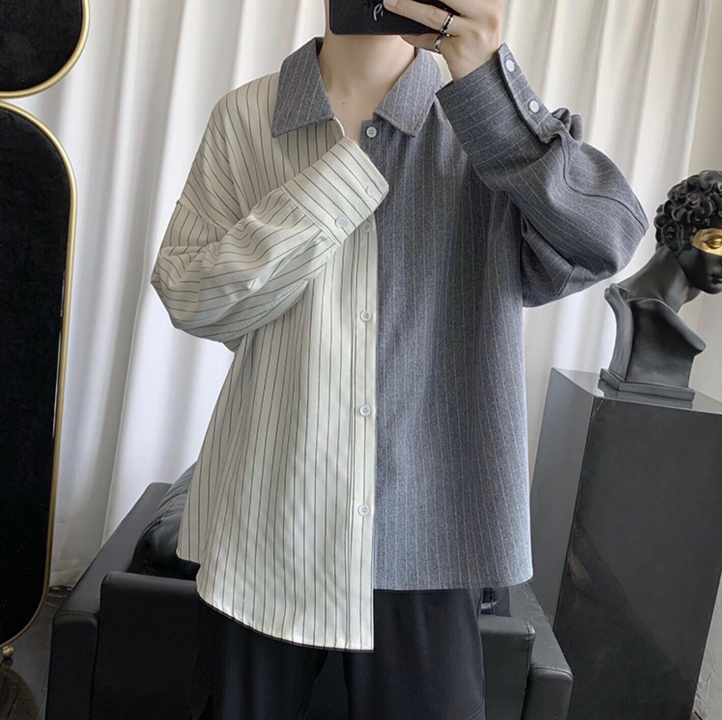 Áo sơ mi unisex form rộng - somi nam nữ phối 2 màu