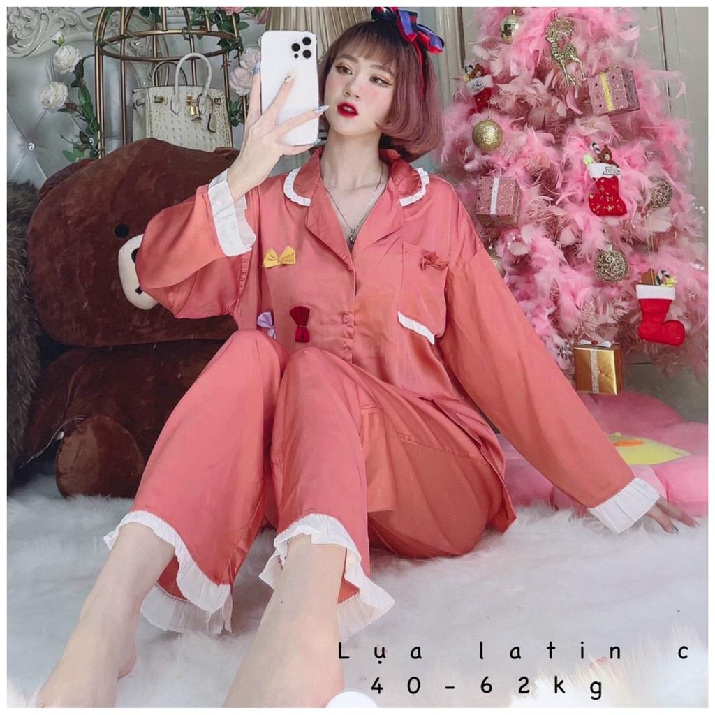 Đồ ngủ nữ, đồ bộ mặc nhà Pijama tiểu thư chất lụa latin tay dài quần dài dễ thương- Freesize dưới 62kg