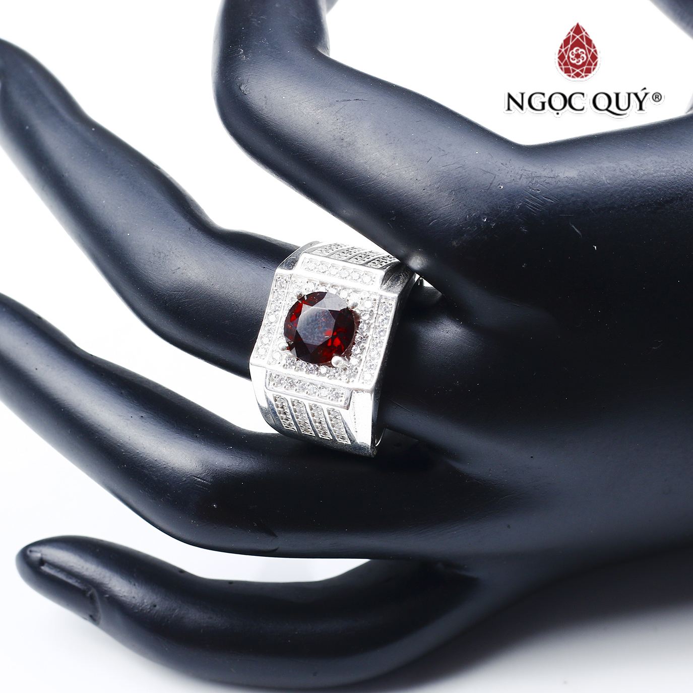 Nhẫn bạc nam mặt đá garnet 20mm mệnh hỏa, thổ - Ngọc Quý Gemstones