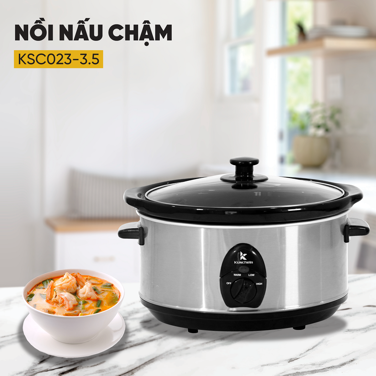 Nồi nấu chậm kiểu Đức nồi kho cá KUSCHELN KSC023-3.5 Cao Cấp 3.5 lít niêu sứ hình ovan, công tắc tự ngắt, chống cạn nước - Hàng Chính Hãng