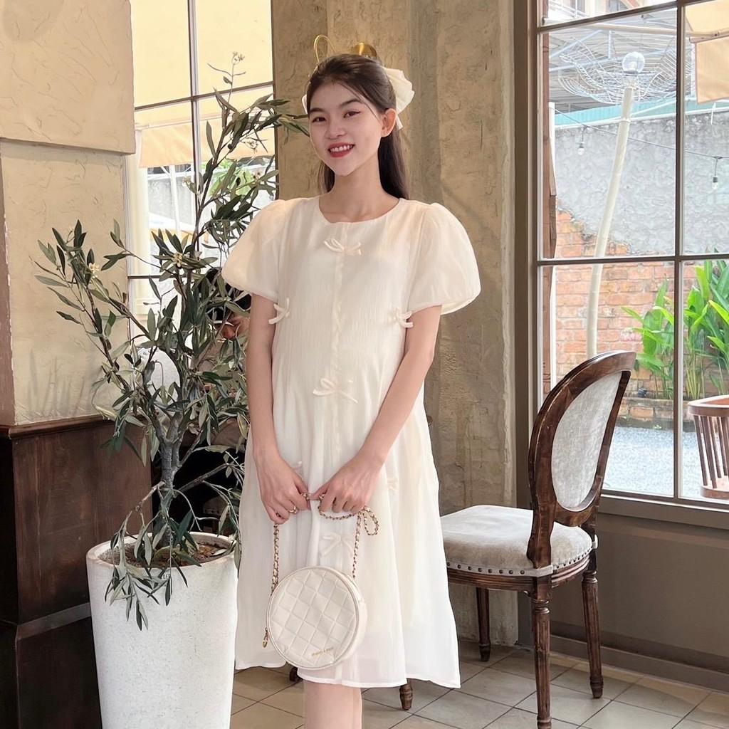 Đầm bầu tơ phom suông đính nơ nhẹ nhàng, dễ thương, sang chảnh Nữ Women - Xám
