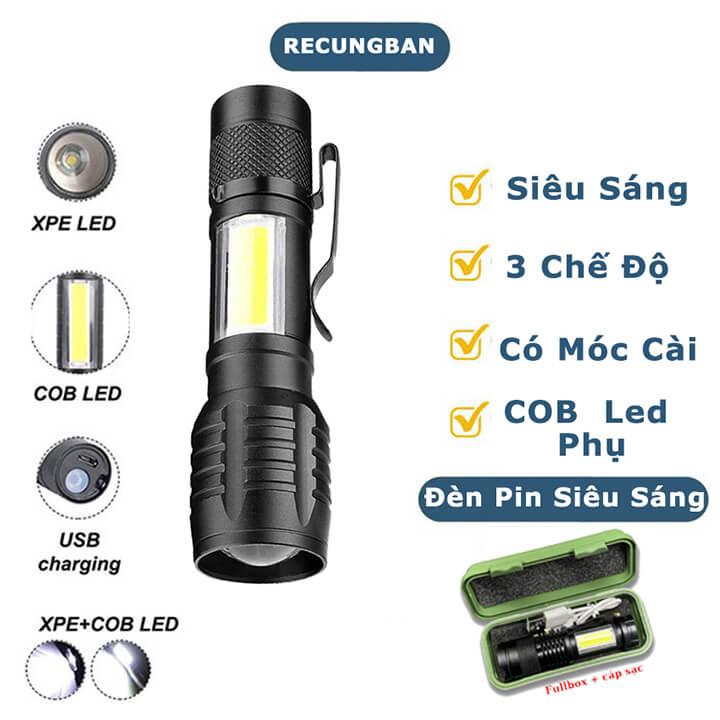 Đèn pin siêu sáng mini cao cấp có Zoom xa gần, 3 chế độ sáng có móc treo tiện dụng, tặng kèm hộp đựng