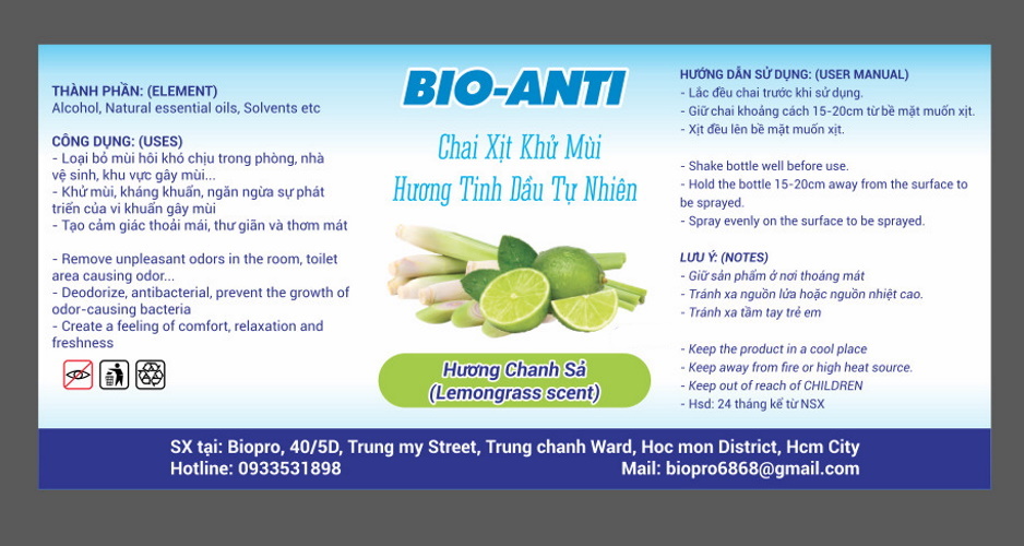 Chai xịt khử mùi diệt khuẩn hương tinh dầu tự nhiên Bio-Anti, Khử mùi phòng, Toilet, Khu vực gây mùi Giúp thơm mát