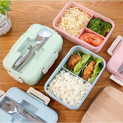 Hộp cơm lúa mạch 3 ngăn kèm đũa thìa inox