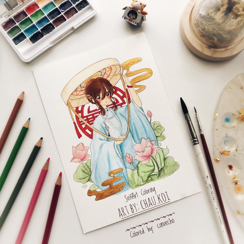 Postcard thiệp tô màu &quot;Cổ phục Việt Nam&quot; với Châu Koi, giấy vẽ họa sĩ, 300gsm, coldpress