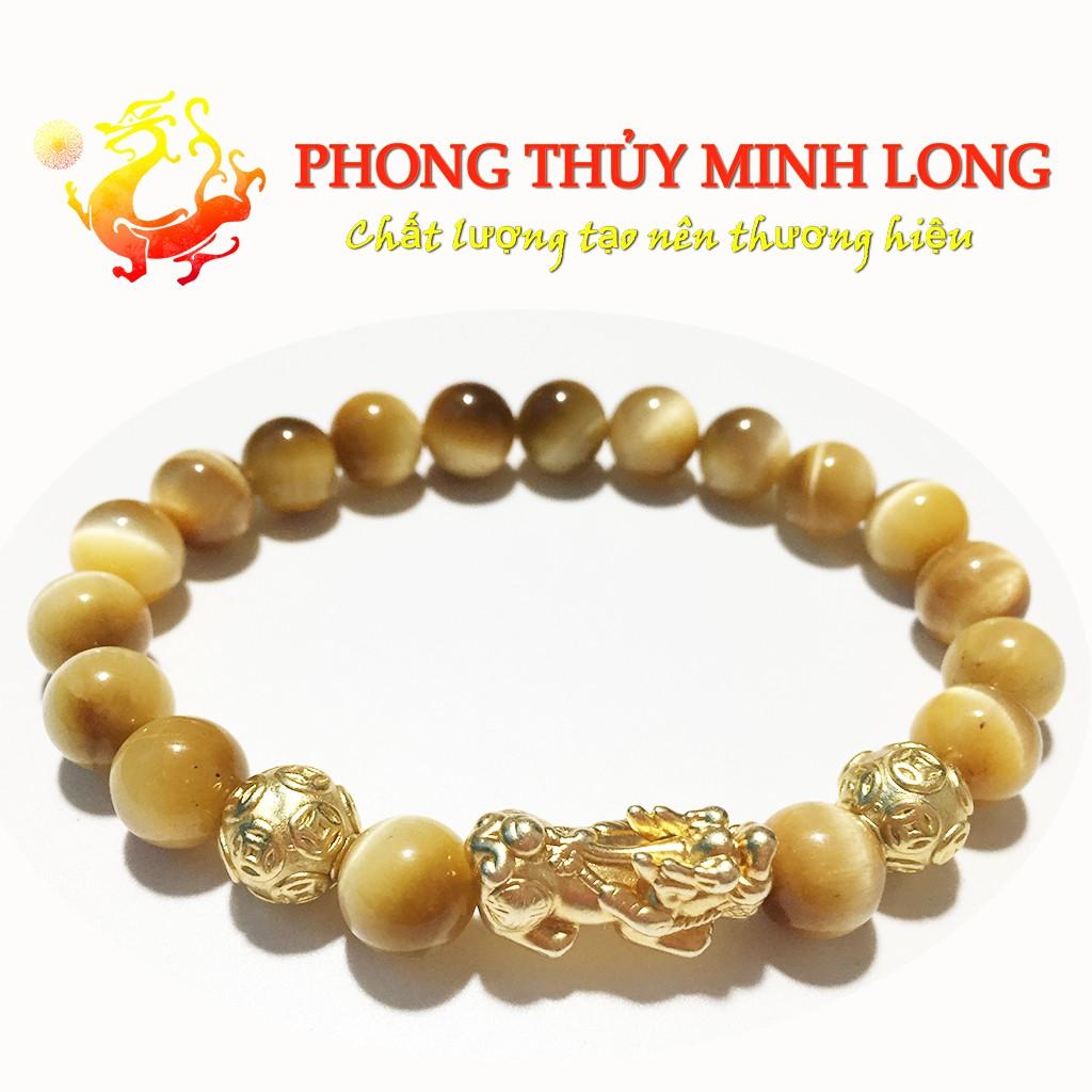 Vòng tay đá Mắt Hổ Vàng Tâm chất lượng 5A mix Tỳ Hưu và 2 Hạt Kim Tiền Vàng hợp mệnh Thổ và mệnh Kim