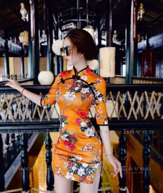 Sườn xám tay lỡ hoạ tiết bông xinh lung linh