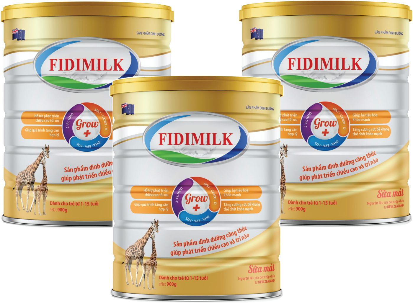 Combo 3 lon Sữa công thức FIDIMILK GROW lon 900g - Hỗ trợ chiều cao tối ưu, dành cho bé 1 - 15 tuổi.