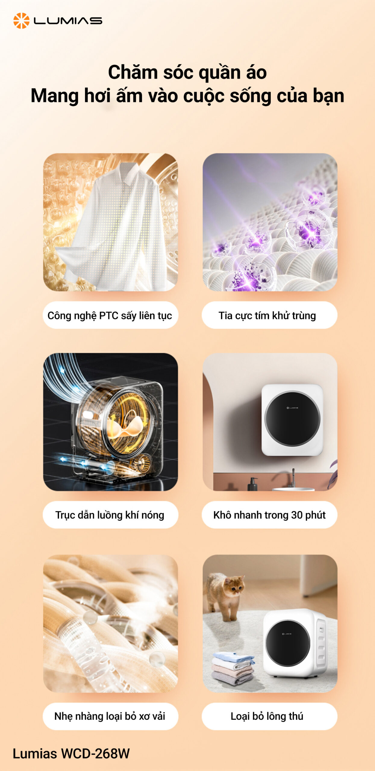 Máy sấy quần áo Lumias WCD-268W Hàng chính hãng