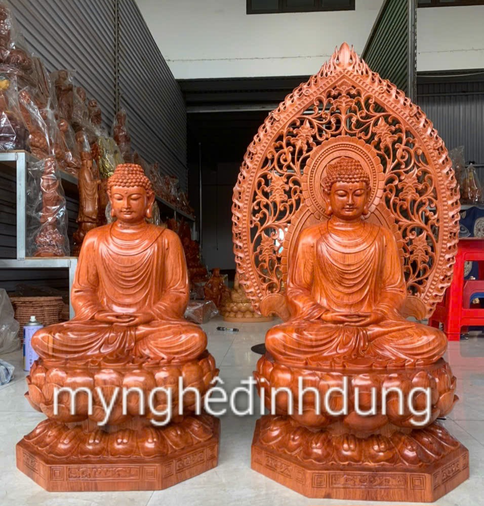 TƯỢNG PHẬT THíCH CA BẰNG GỖ HƯƠNG ĐÁ KT CAO 60×36×34CM +LÁ CHẮN HÀO QUANG CAO 81CM