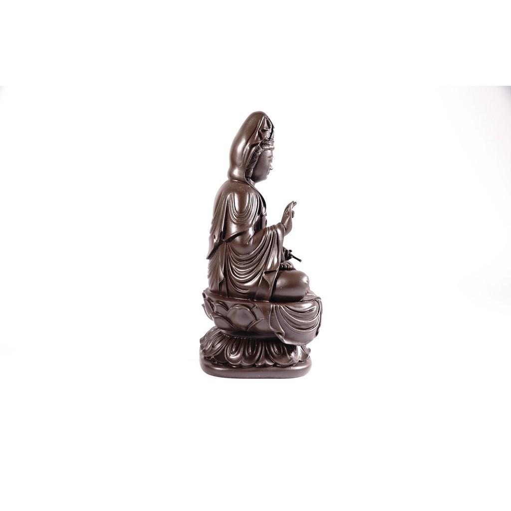 Tượng phật Bồ Tát Quan Âm ngồi đài sen nguyên khối nâu đất - Cao 19cm