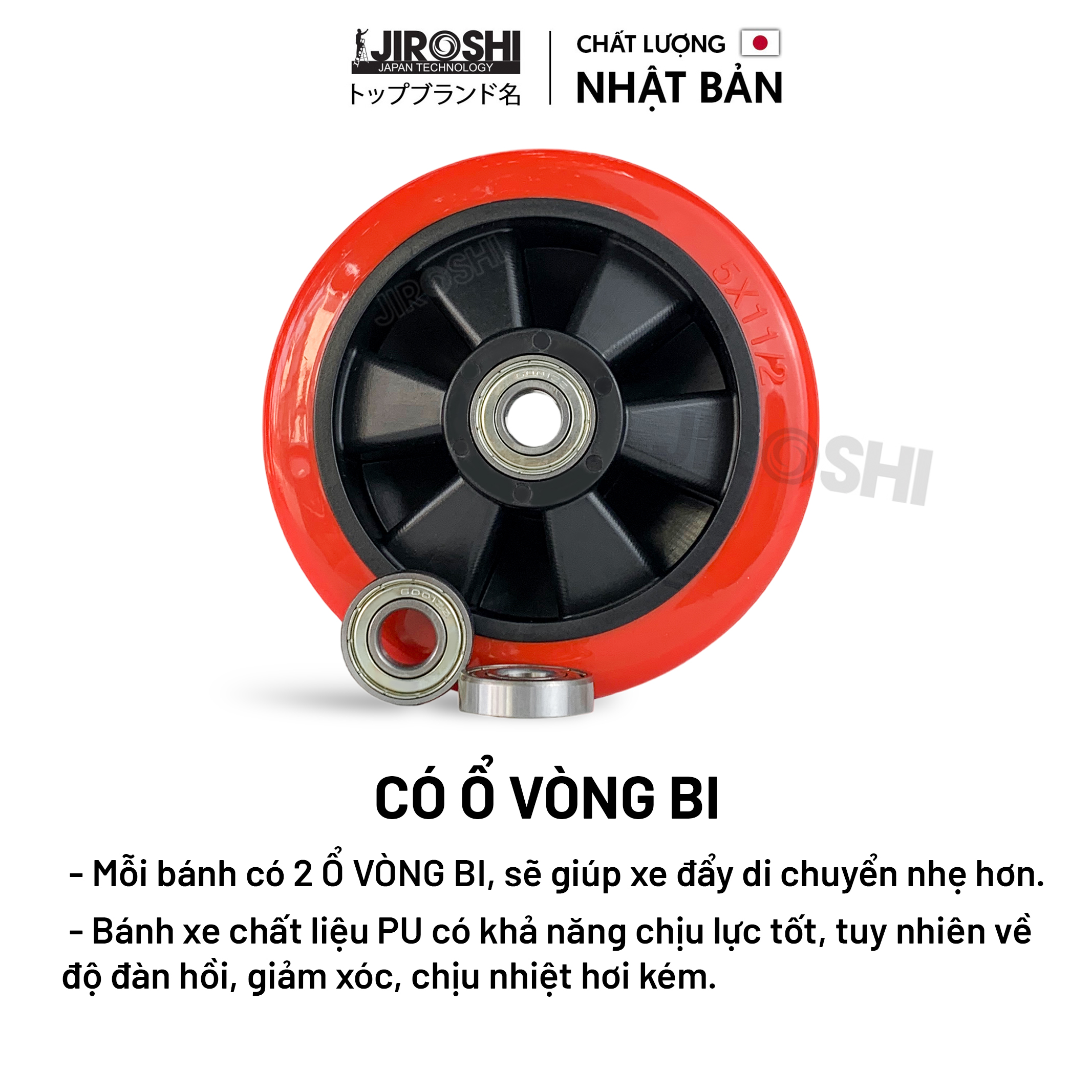 Bánh xe đẩy hàng Nhựa PU có bạc đạn và khóa JIROSHI , Bánh xe chịu tải lớn chống ồn, độ bền cao công nghệ nhật bản