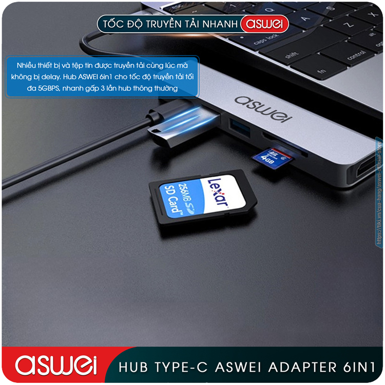 Hub Type C ASWEI 6 in 1 To HDMI, USB 3.0, SD, TF, PD 100W - Hàng Chính Hãng