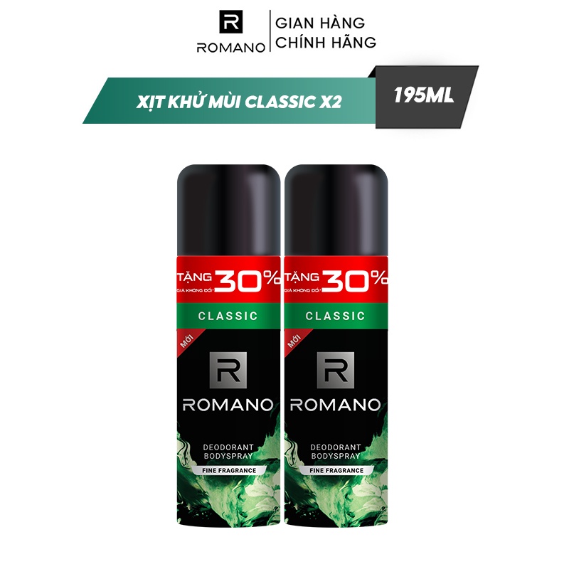 Combo 2 Xịt toàn thân ngăn mồ hôi và mùi cơ thể Romano Classic 195ml/chai